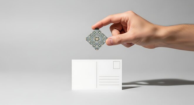 Closeup of hand inserting patterned card into a mailbox slot in a minimalist setup.