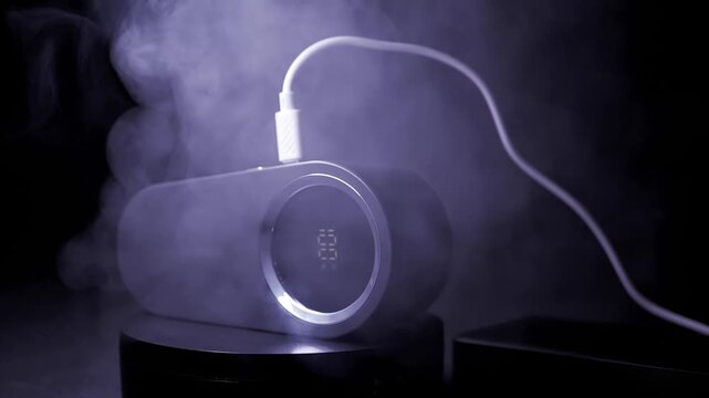 A sleek portable humidifier with a digital display charges via a USB cable while enveloped in swirling theatrical smoke. Concept of modern technology, air purification, and smart home gadgets