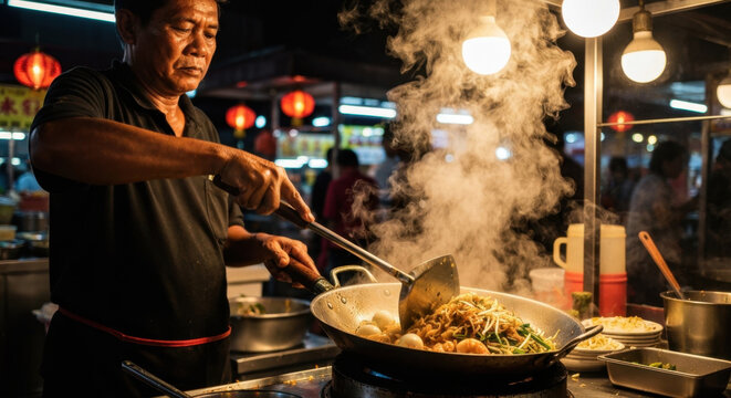 Experienced Malay hawker expertly stir-frying steaming Char Kway Teow at bustling Penang night market with motion blur