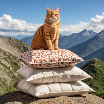 Orange cat sitting on stacked pillows outdoors with mountains view, playful pet scene, adventure concept, funny composition, travel mood.