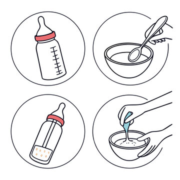 A minimalist vector graphic illustration of baby bottle feeding preparation icons
