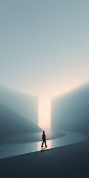 Person walking toward bright doorway in soft minimal environment. Concept of digital transformation, new beginnings, UX journey entry point, and transition into future driven environments.