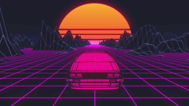 Retro 80s Sunset Drive on a Digital Grid Highway with Neon Lights