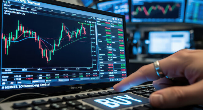 Trader points at stock market graph on computer screen, buy button lit