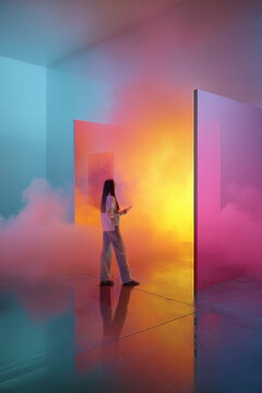 Person interacting with colorful glass panels in immersive light installation. Concept of digital interface exploration, UX design systems, and experimental product visualization environments.