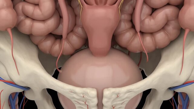 Anatomical illustration of the female reproductive system and pelvic organs, including the uterus, ovaries, fallopian tubes, and bladder.