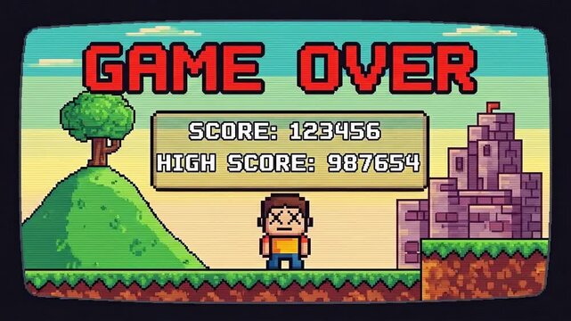 Pixel art "Game Over" screen from a retro video game showing a defeated character and high scores.