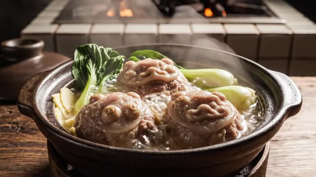 Savory Pot of Steaming Meatballs and Bok Choy, Prepared and Presented in Rustic Ceramic Dish on Wooden Table
