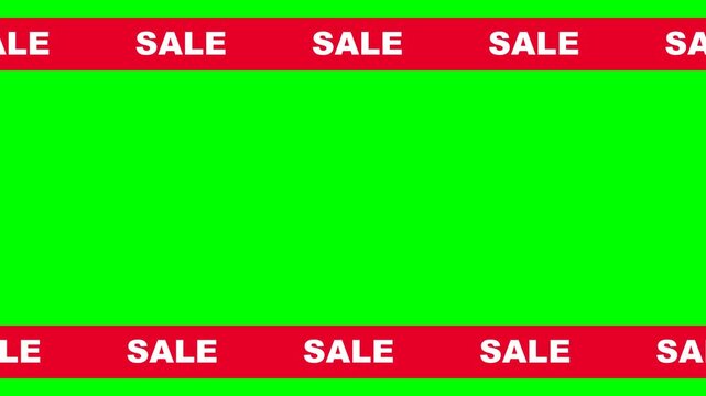 Sale banner animation on green screen, red scrolling ticker tape with white text, promotional retail marketing border for video editing