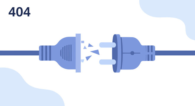 Conceptual illustration depicting a 404 page not found error with a disconnected power plug, symbolizing internet problems and website failure