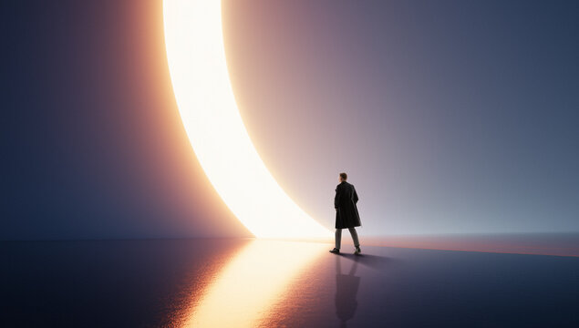 Man walking toward glowing curved light portal in futuristic minimal gradient space. Concept of transition, new beginnings, digital gateways, immersive tech environments and symbolic journey forward.