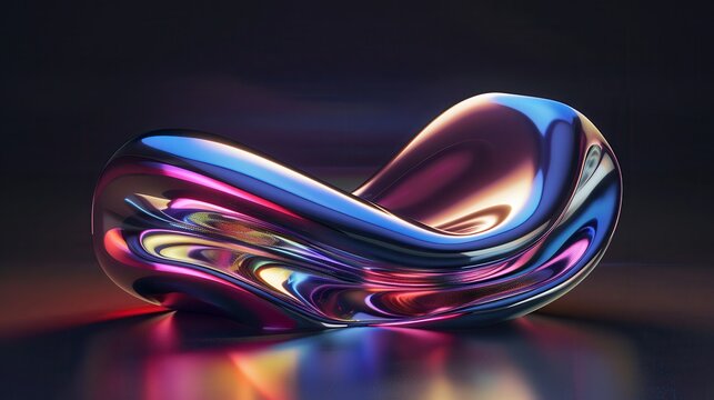 Shiny, iridescent object with vibrant blue, pink, purple, yellow, and orange hues, reflective surface, smooth curves, dark background, futuristic digital art, modern design concept