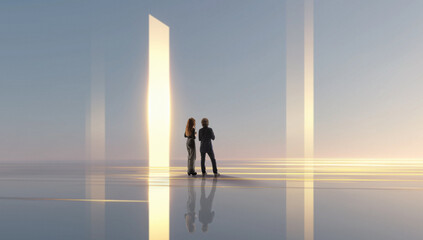 Two people observing vertical glowing light pillars in immersive reflective space. Concept of digital installations, interactive environments, and futuristic exhibition design systems.