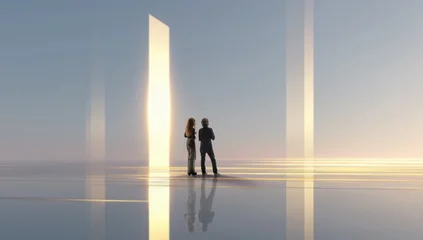 Fototapete Kunst Two people observing vertical glowing light pillars in immersive reflective space. Concept of digital installations, interactive environments, and futuristic exhibition design systems.  © Lustre Art Group 