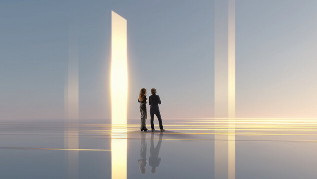 Two people observing vertical glowing light pillars in immersive reflective space. Concept of digital installations, interactive environments, and futuristic exhibition design systems.