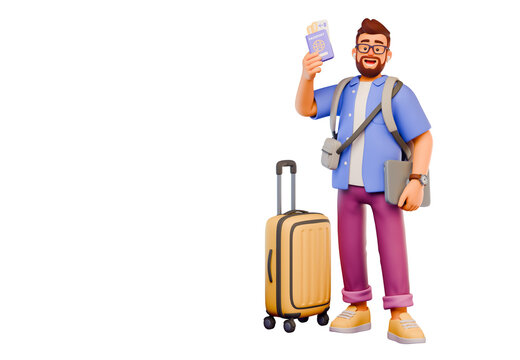 3D stylized character of a tourist stands next to luggage, holding laptop, tickets, and a passport.
