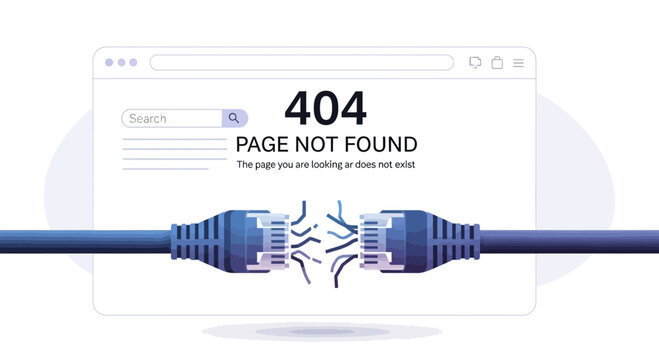 Website 404 error and broken internet connection cables symbolizing lost network access or unavailable content online, depicting a digital communication problem