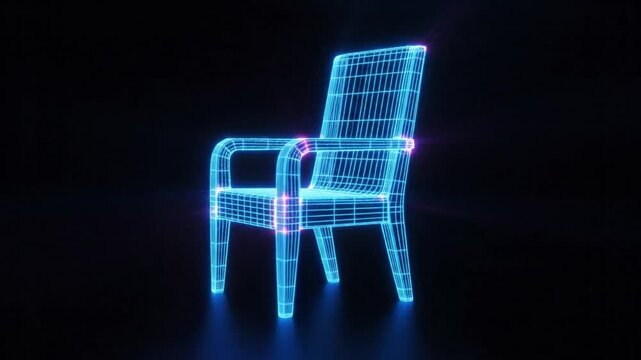 Futuristic Wireframe Chair Rotating with Glowing Edges on Dark Background, Technology Concept.