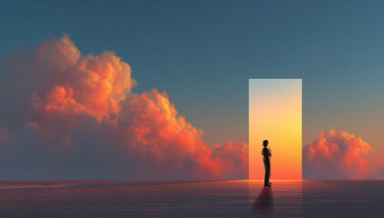 Obraz premium Woman standing near glowing rectangular portal against dramatic sunset sky. Concept of opportunity, transformation, future landscapes, surreal environments and personal decision making moments.