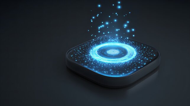 Futuristic digital platform with glowing data particles and circular interface, representing data processing, cloud computing, artificial intelligence, and advanced technology background.