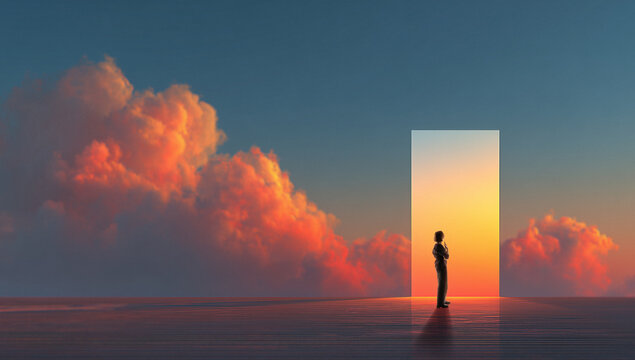 Woman standing near glowing rectangular portal against dramatic sunset sky. Concept of opportunity, transformation, future landscapes, surreal environments and personal decision making moments.