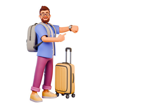 3D stylized tourist character stands and points at his watch. Cartoon concept of rushing 