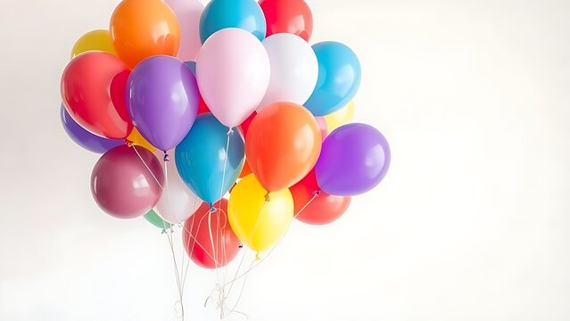 helium. Colorful helium balloons floating gracefully against a clean white backdrop, simple yet eye-catching. tutorial guides, club newsletters, designed for tourism and weekend activity guides.