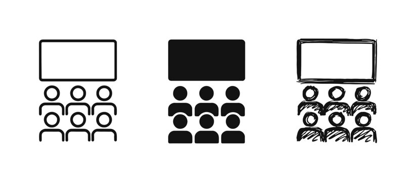 Audience in Cinema Theater Icon Set - Outline, Solid, and Doodle Styles