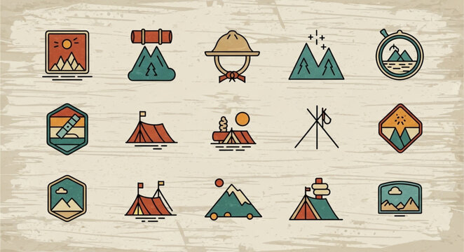 Collection of outdoor adventure and camping icons.