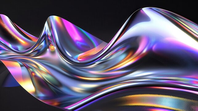 Metallic, iridescent waves in vibrant blues, purples, pinks, and oranges against a dark background, futuristic digital artwork, dynamic motion, abstract modern design concept