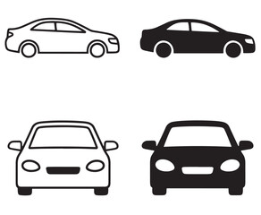 Obraz premium Four car icons showing side and front views with outline and filled variations in black and white grid design