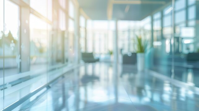 Blurred modern office hallway with glass walls, chairs, plants, and bright natural light; contemporary corporate environment concept