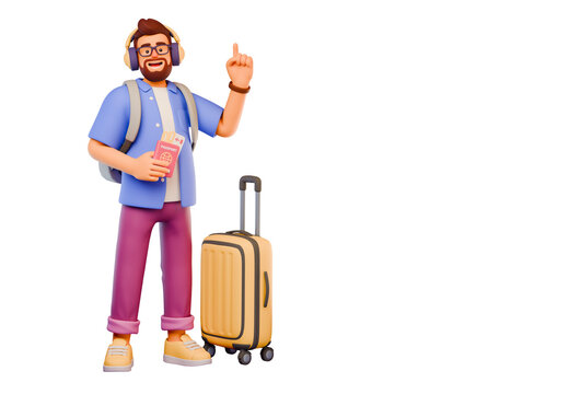 3D stylized character of a tourist stands next to luggage poining up, holds tickets and passport
