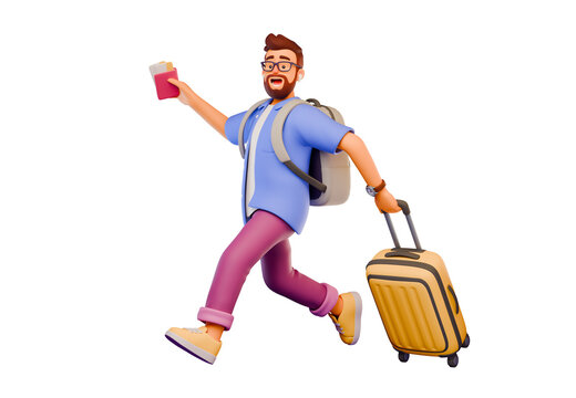3D stylized tourist character rushing and running holding suitcase and tickets
