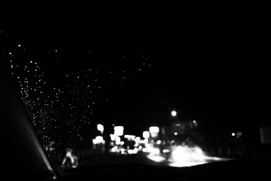 Driving in Rain at Night Black and White
