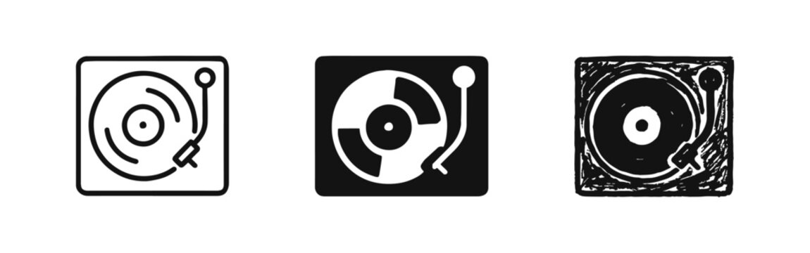 Vinyl Record Player Turntable Icon Set - Outline, Solid, and Doodle Styles