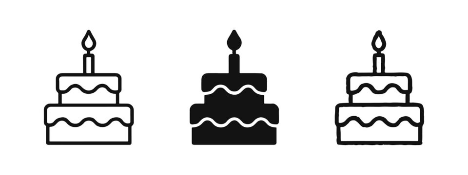 Birthday Cake with Candle Icon Set - Outline, Solid, and Doodle Styles