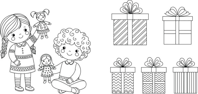 Cute Outline Kids Playing with Dolls and Decorative Gift Boxes Ribbon Bow Line Art Vector Illustration Set for Children