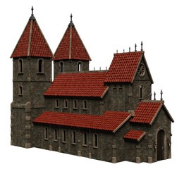 Obraz premium 3d render medieval stone church red roof isolated