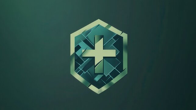 Geometric Hexagon Icon with Cross Inside, Green and Teal Colors, Futuristic Style, Digital Art, Bold, Religious Symbolism