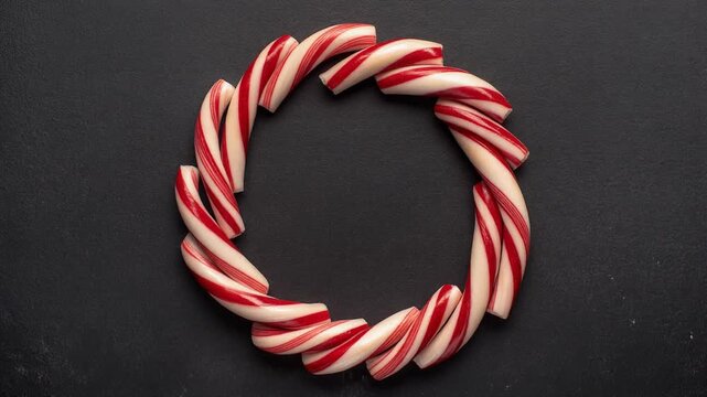 A festive holiday wreath made of peppermint candy canes on a dark background