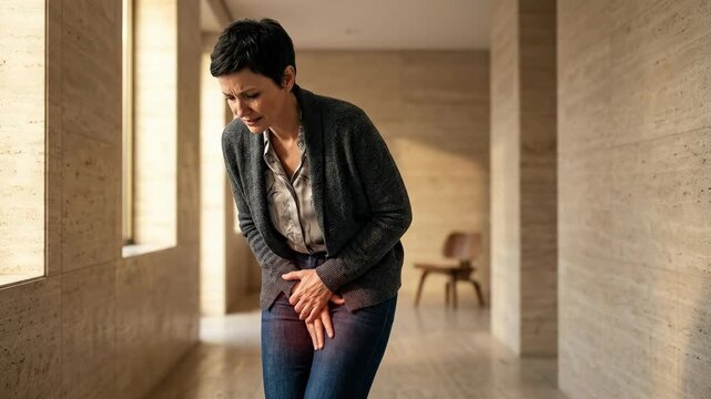 Adult female experience: urinary incontinence, bladder control, pelvic discomfort, sudden urgency, personal challenge, body function, medical issue, health concern.