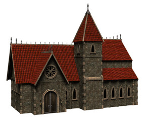 Obraz premium 3d render medieval stone church red roof isolated