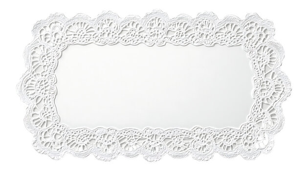 Elegant white oval lace doily with ornate border on transparent background, decorative table cover. transparent png background