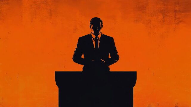 Animated silhouette of a male speaker in a suit giving a passionate and authoritarian speech
