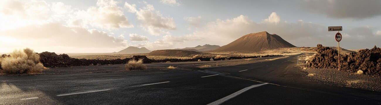 A long road in Lanzarote, Spain, with black asphalt and white lines. In the background.