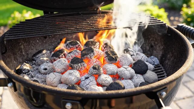 Charcoal grill with hot flames and burning briquettes ready for delicious summer barbecue outdoors