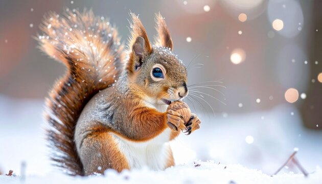 Squirrel with nut in snowy landscape