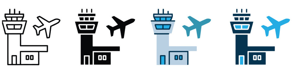 Airport control tower and airplane icon set, aviation symbols, airport infrastructure icons, flight control and air traffic concept, isolated on white background, modern flat vector design for apps, m © MD REZAUL 1