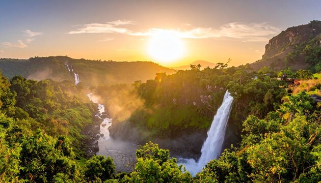 Waterfall landscape at sunset
